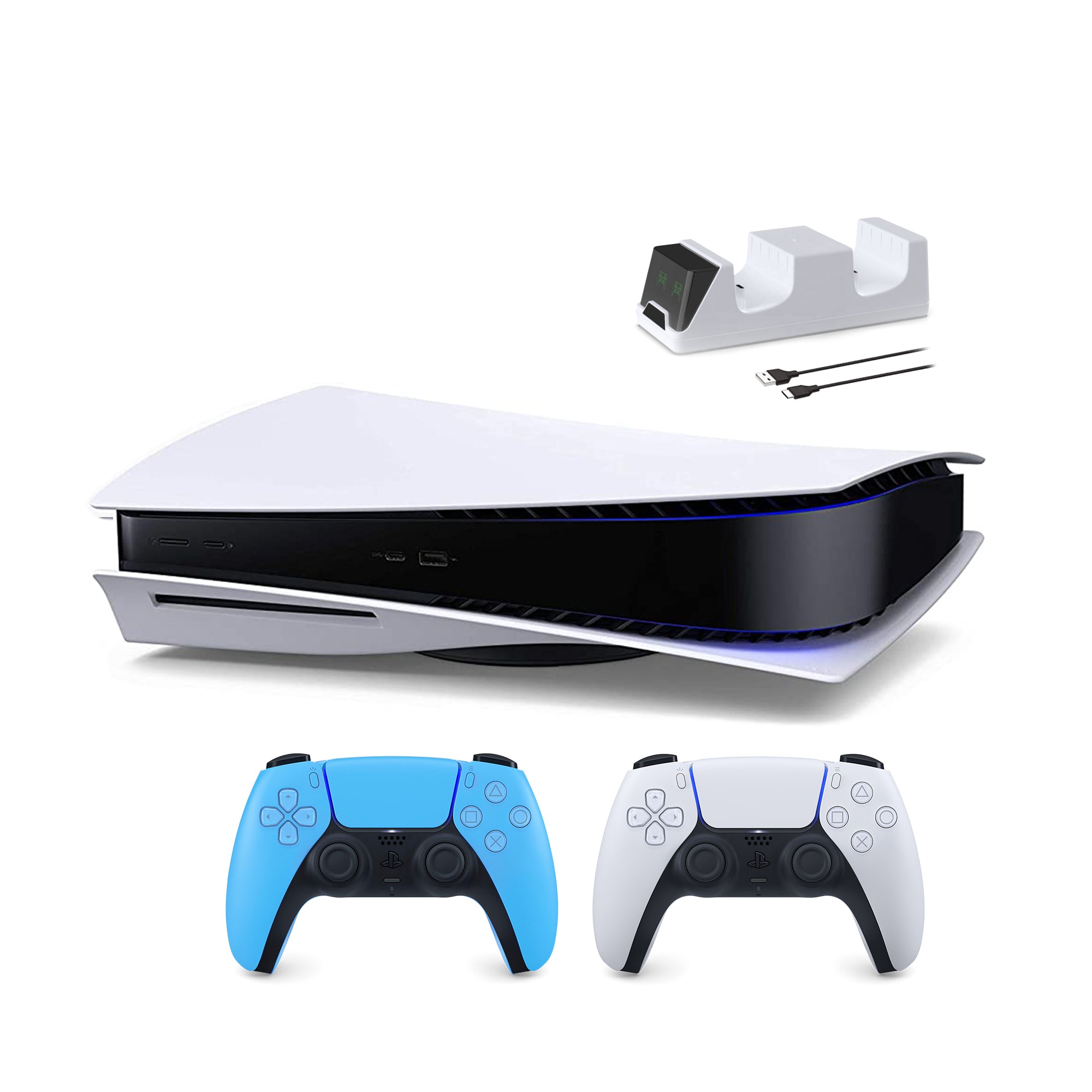 PlayStation 5 Disc Edition with Two Controllers White and Starlight Blue DualSense and Mytrix Dual Controller Charger - PS5 Gaming Console PlayStation 5 Disc Edition with Two Controllers White and Starlight Blue DualSense and Mytrix Dual Controller Charger - PS5 Gaming Console
